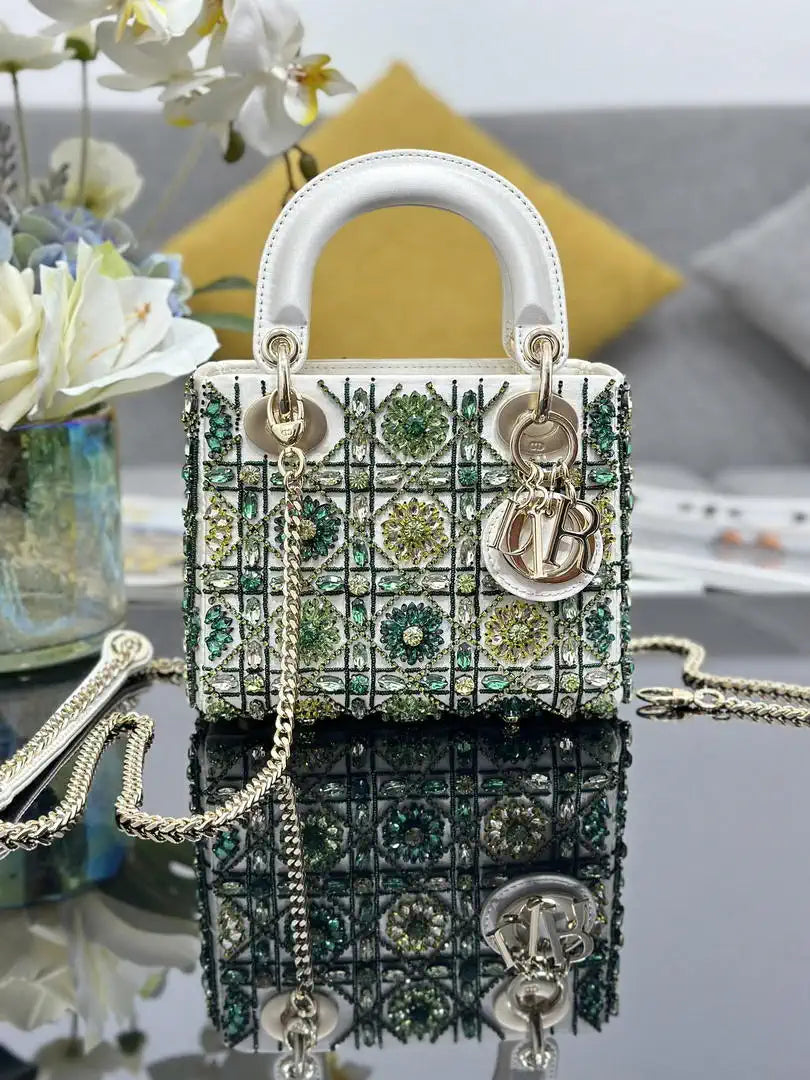 Dior M0505 Mini Lady Dior Bag Embroidered white and green diamonds