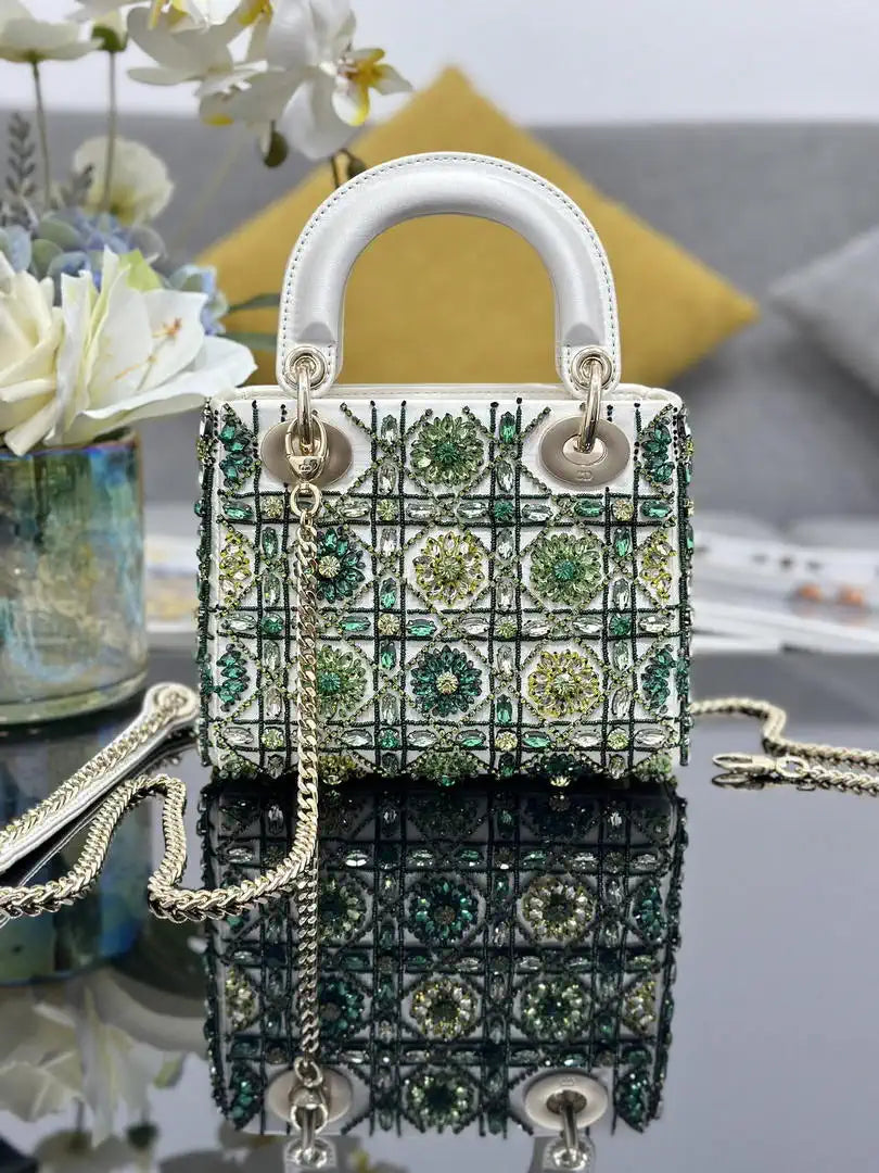 Dior M0505 Mini Lady Dior Bag Embroidered white and green diamonds