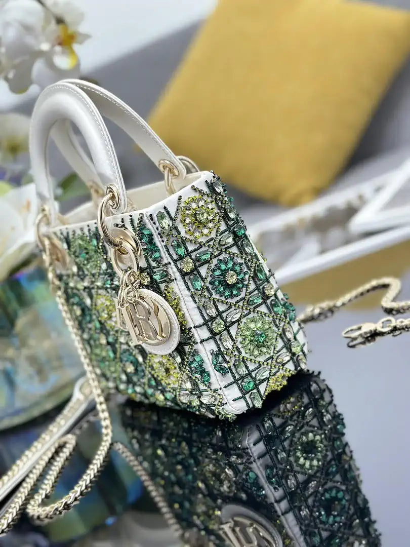 Dior M0505 Mini Lady Dior Bag Embroidered white and green diamonds