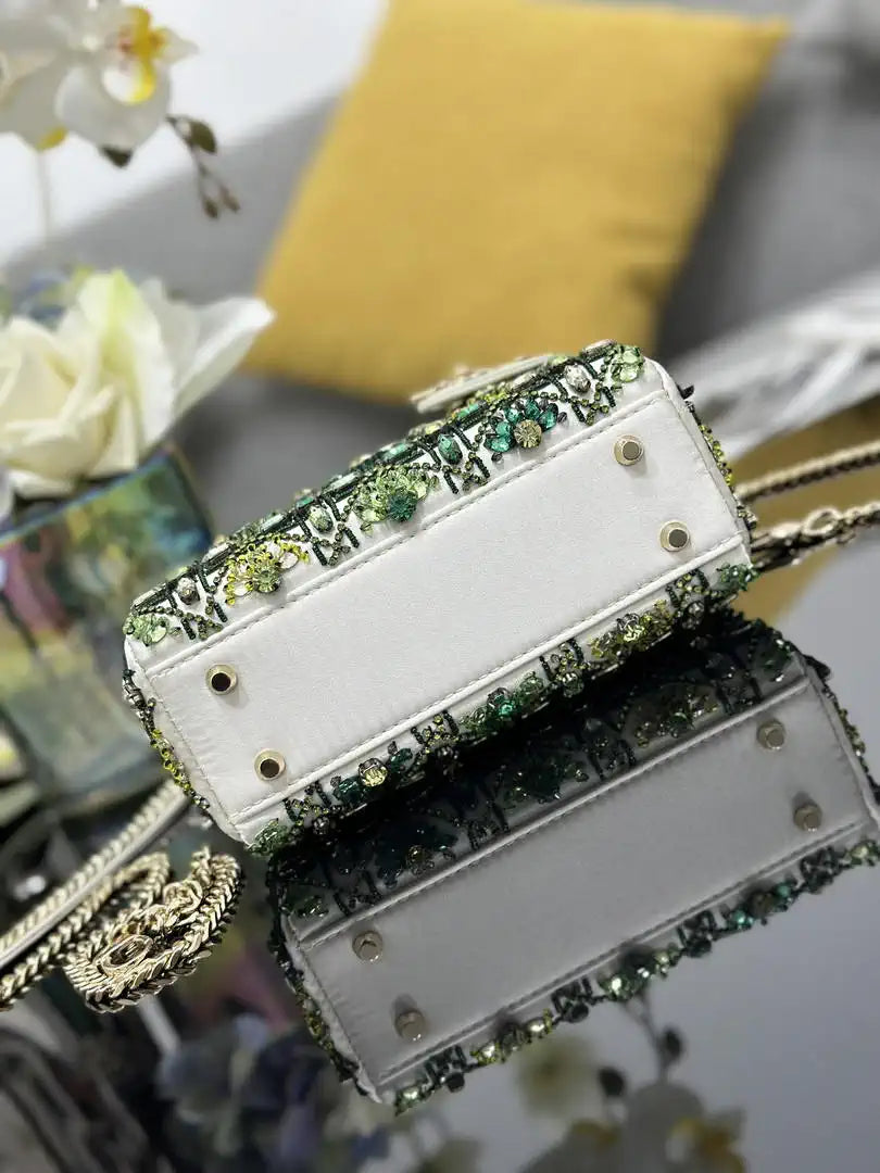Dior M0505 Mini Lady Dior Bag Embroidered white and green diamonds