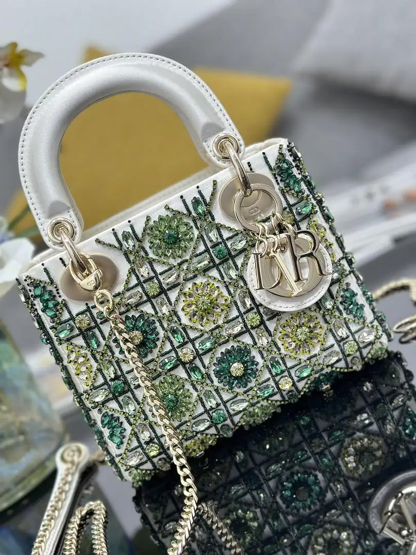 Dior M0505 Mini Lady Dior Bag Embroidered white and green diamonds