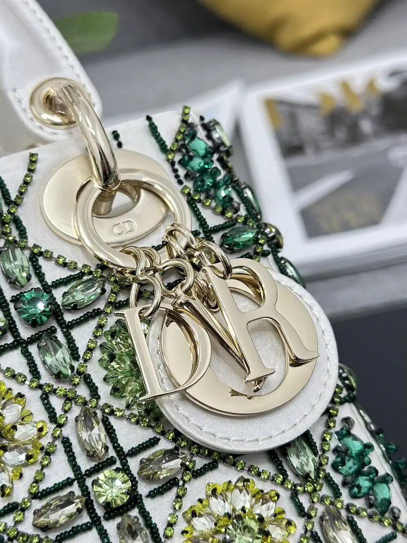 Dior M0505 Mini Lady Dior Bag Embroidered white and green diamonds