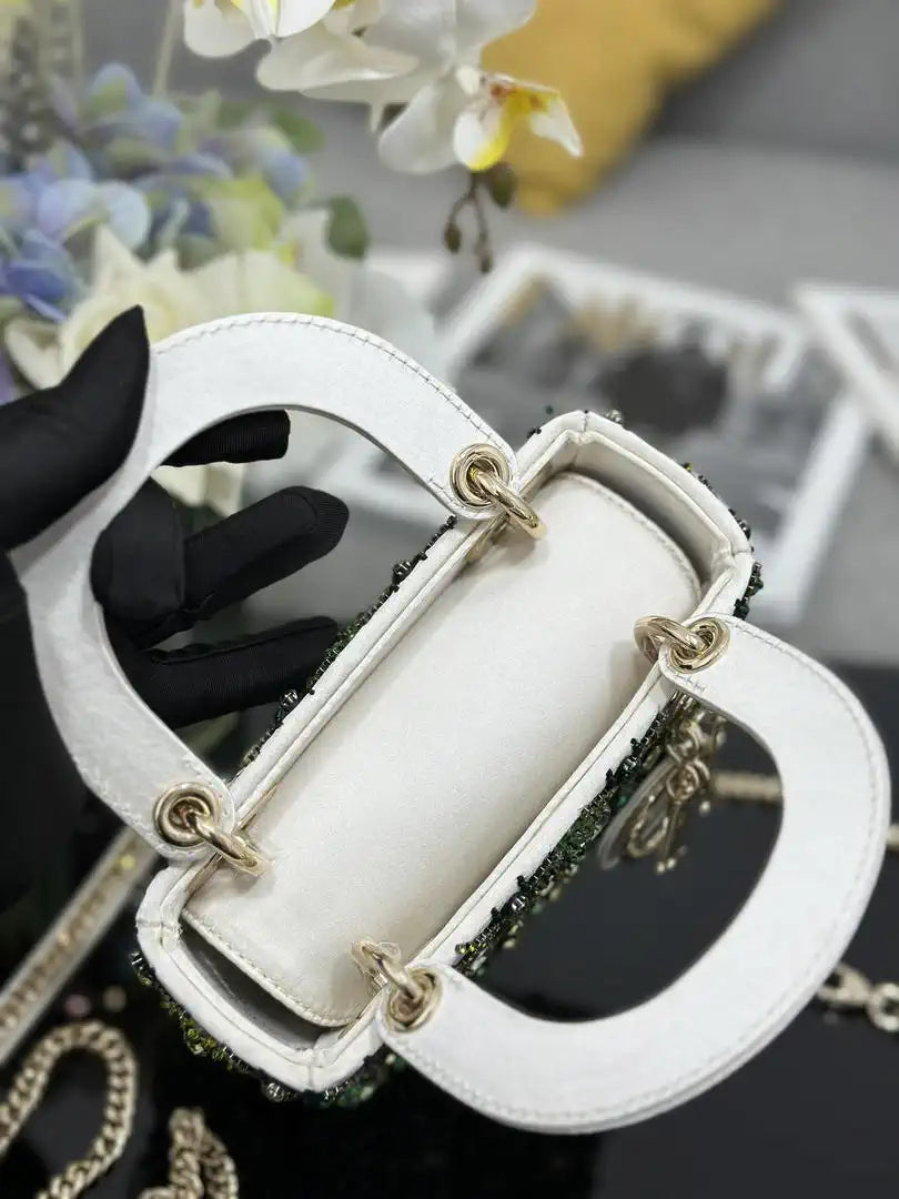 Dior M0505 Mini Lady Dior Bag Embroidered white and green diamonds