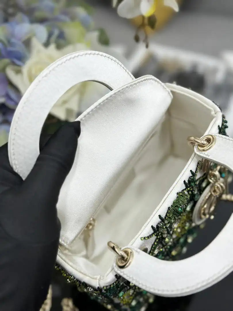 Dior M0505 Mini Lady Dior Bag Embroidered white and green diamonds