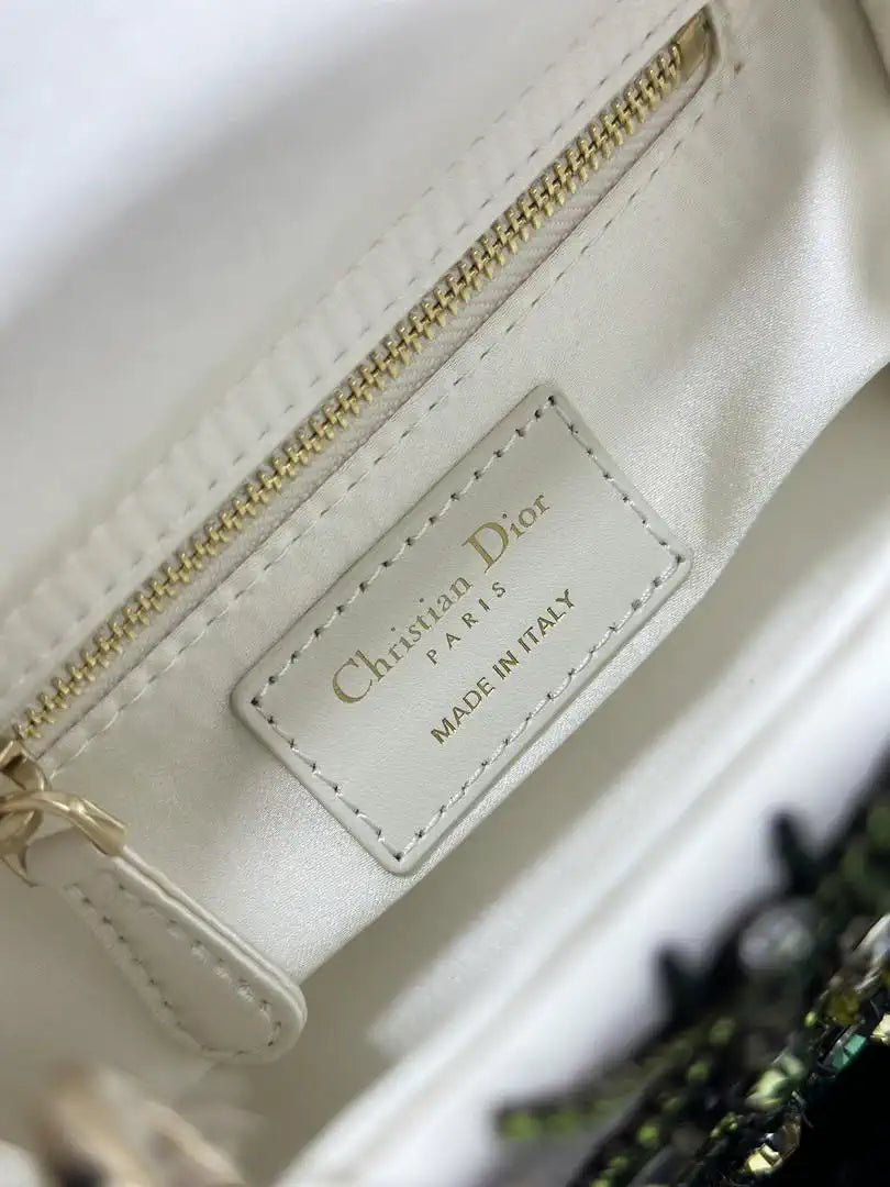 Dior M0505 Mini Lady Dior Bag Embroidered white and green diamonds