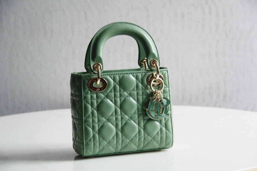 Dior M0505 Mini Lady Dior Bag Green Calfskin with Green enamel buckle - Default Title - View 1