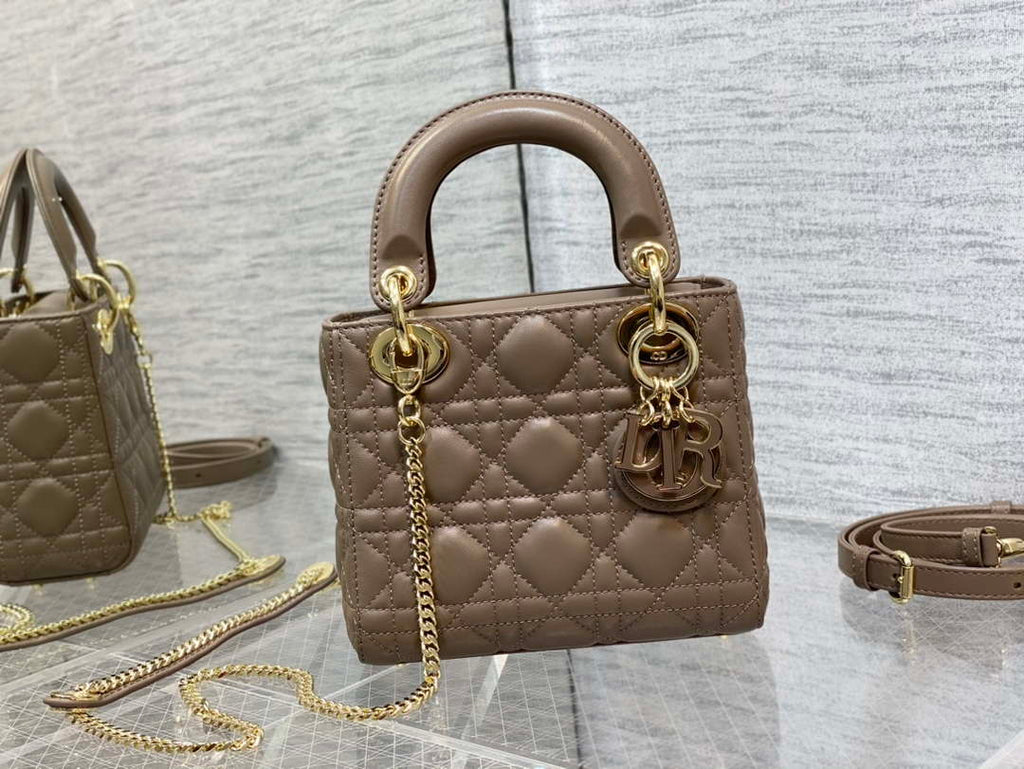 Dior M0505 Mini Lady Dior Bag Milk tea Calfskin with enamel buckle