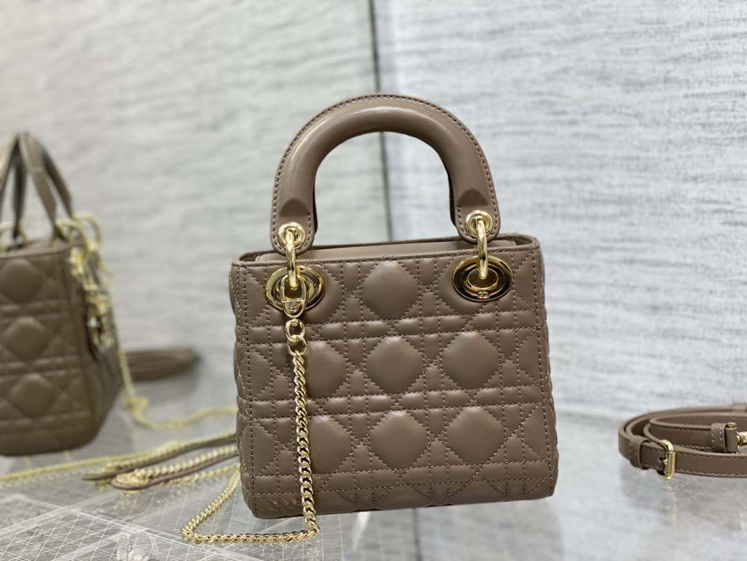 Dior M0505 Mini Lady Dior Bag Milk tea Calfskin with enamel buckle