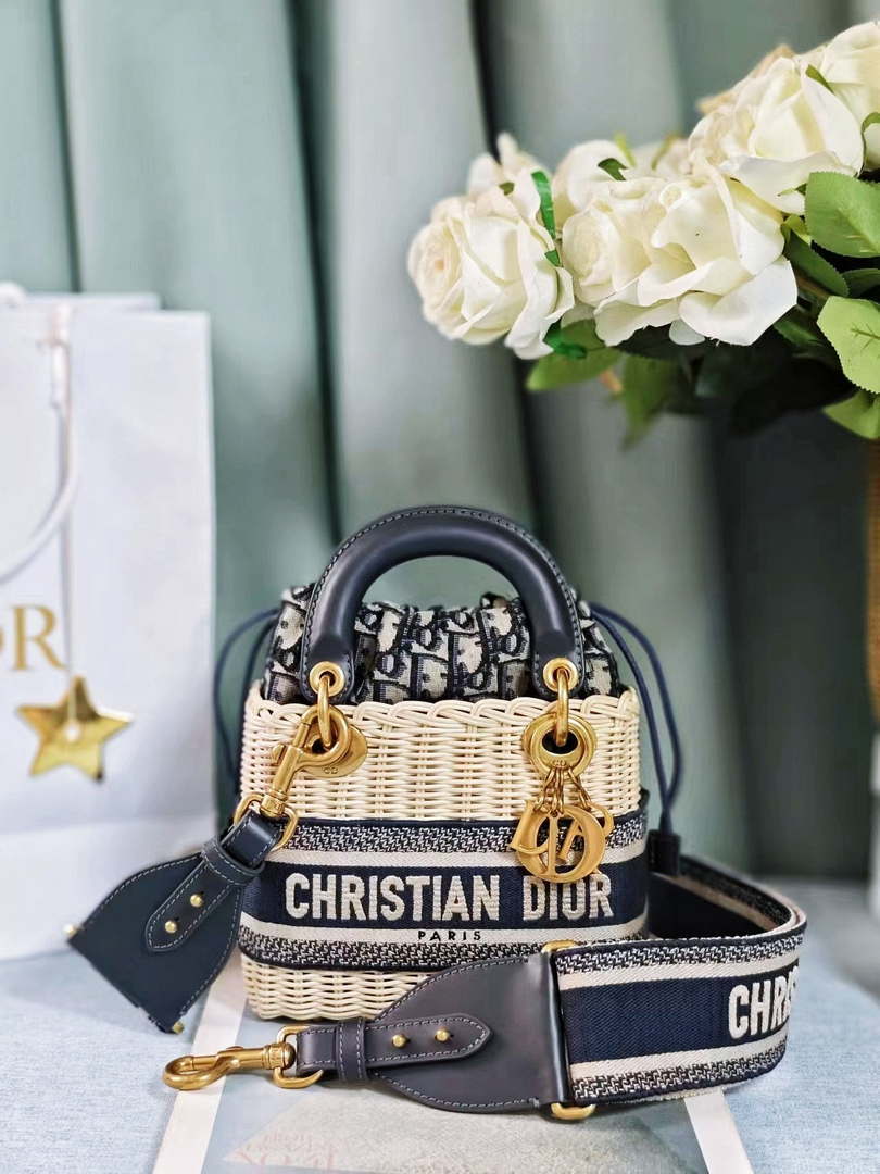 Dior M0505 MINI Lady Dior Bag Natural Wicker Blue Dior Oblique Jacquard - Default Title - View 1