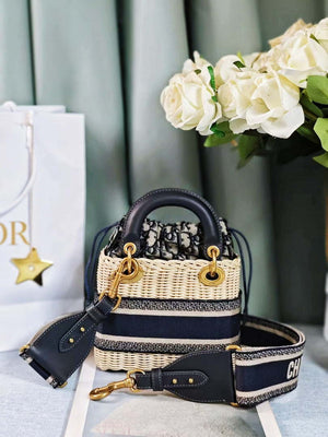 Dior M0505 MINI Lady Dior Bag Natural Wicker Blue Dior Oblique Jacquard - Default Title - View 2