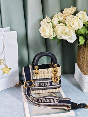 Dior M0505 MINI Lady Dior Bag Natural Wicker Blue Dior Oblique Jacquard - Default Title - View 3
