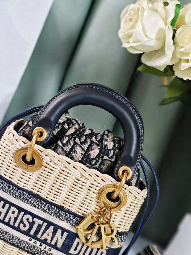 Dior M0505 MINI Lady Dior Bag Natural Wicker Blue Dior Oblique Jacquard