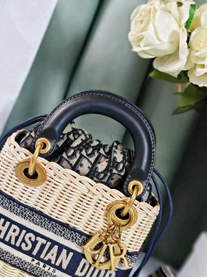 Dior M0505 MINI Lady Dior Bag Natural Wicker Blue Dior Oblique Jacquard - Default Title - View 4