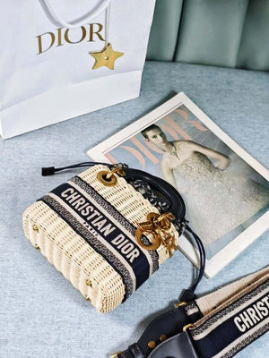 Dior M0505 MINI Lady Dior Bag Natural Wicker Blue Dior Oblique Jacquard - Default Title - View 5