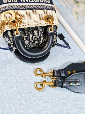 Dior M0505 MINI Lady Dior Bag Natural Wicker Blue Dior Oblique Jacquard - Default Title - View 8