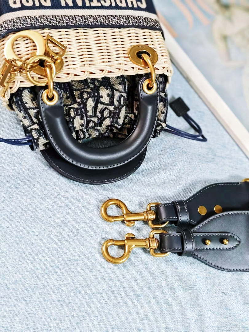 Dior M0505 MINI Lady Dior Bag Natural Wicker Blue Dior Oblique Jacquard - Default Title - View 8