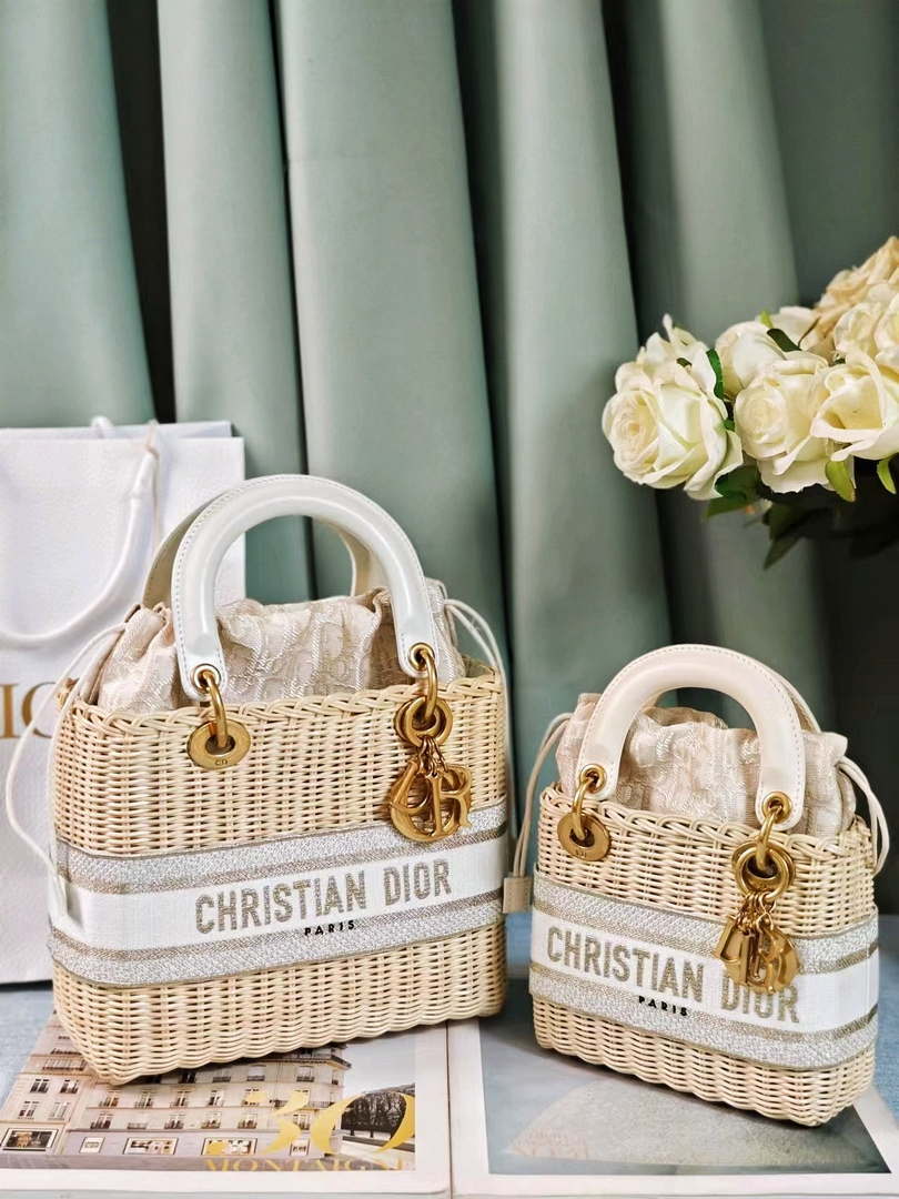 Dior M0505 MINI Lady Dior Bag Natural Wicker Grey Dior Oblique Jacquard - Default Title - View 3