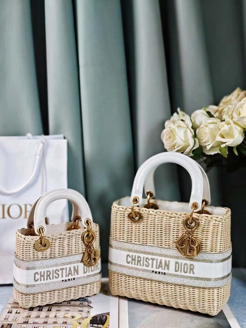 Dior M0505 MINI Lady Dior Bag Natural Wicker Grey Dior Oblique Jacquard - Default Title - View 5