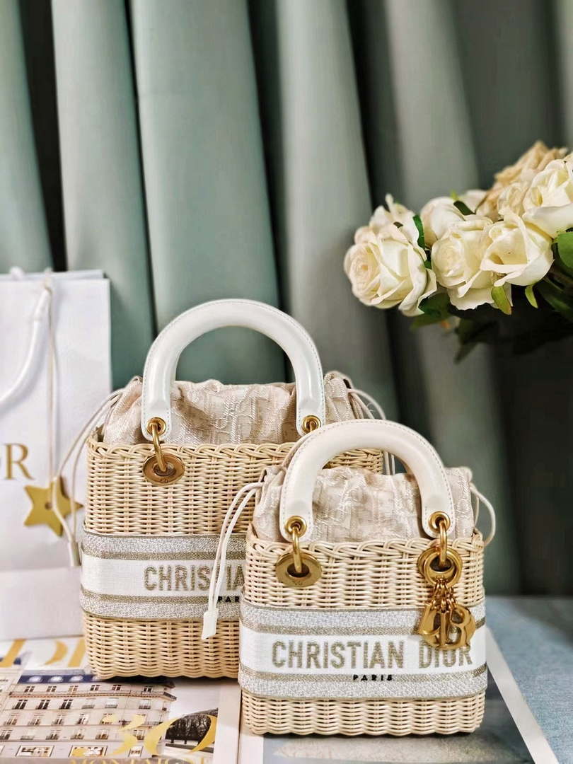 Dior M0505 MINI Lady Dior Bag Natural Wicker Grey Dior Oblique Jacquard - Default Title - View 7