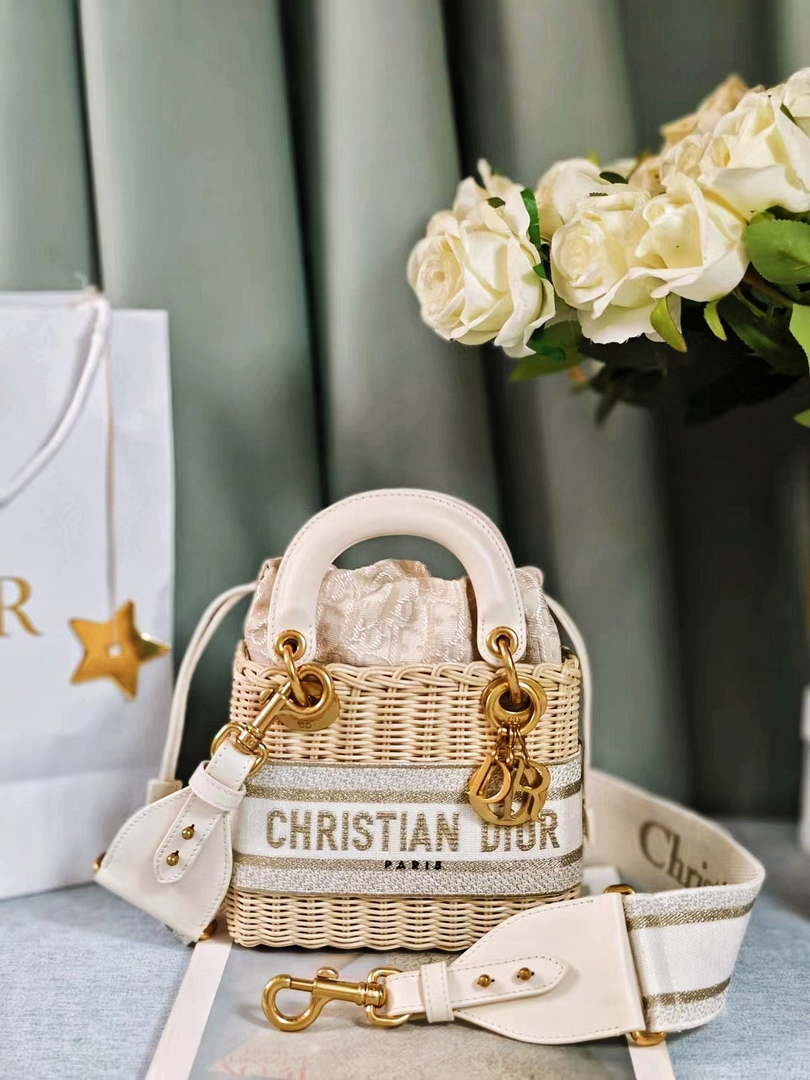Dior M0505 MINI Lady Dior Bag Natural Wicker Grey Dior Oblique Jacquard - Default Title - View 1