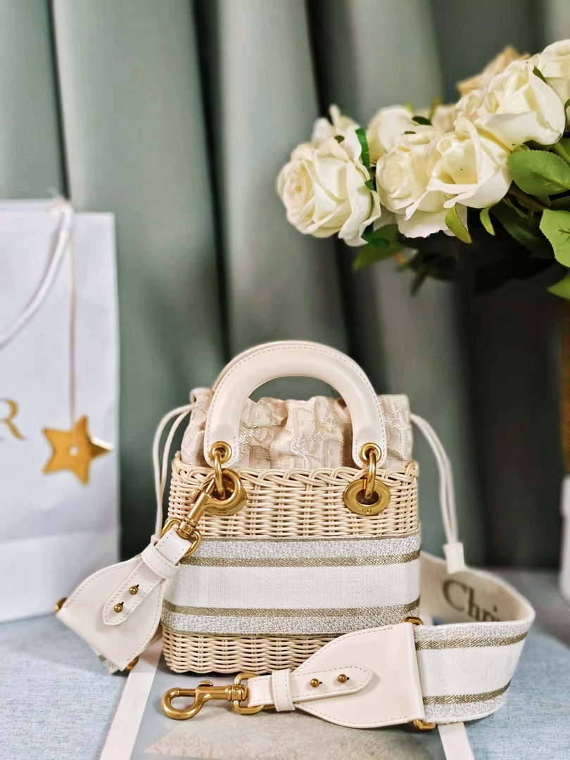 Dior M0505 MINI Lady Dior Bag Natural Wicker Grey Dior Oblique Jacquard