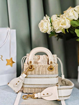 Dior M0505 MINI Lady Dior Bag Natural Wicker Grey Dior Oblique Jacquard - Default Title - View 8