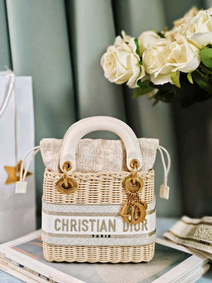 Dior M0505 MINI Lady Dior Bag Natural Wicker Grey Dior Oblique Jacquard - Default Title - View 9