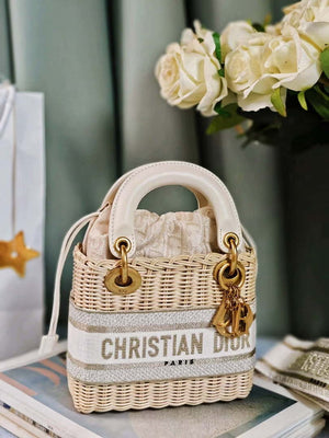 Dior M0505 MINI Lady Dior Bag Natural Wicker Grey Dior Oblique Jacquard - Default Title - View 10