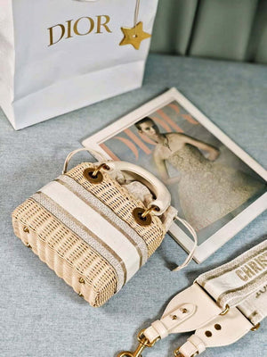Dior M0505 MINI Lady Dior Bag Natural Wicker Grey Dior Oblique Jacquard - Default Title - View 12