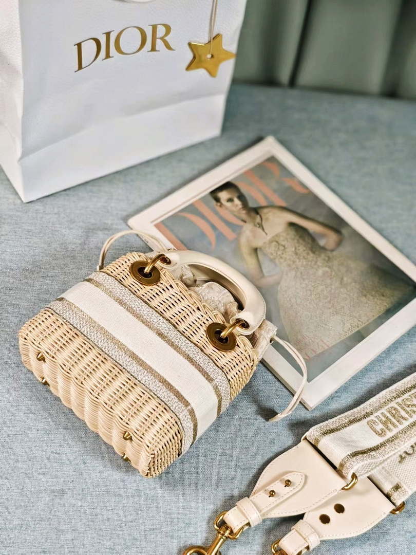 Dior M0505 MINI Lady Dior Bag Natural Wicker Grey Dior Oblique Jacquard