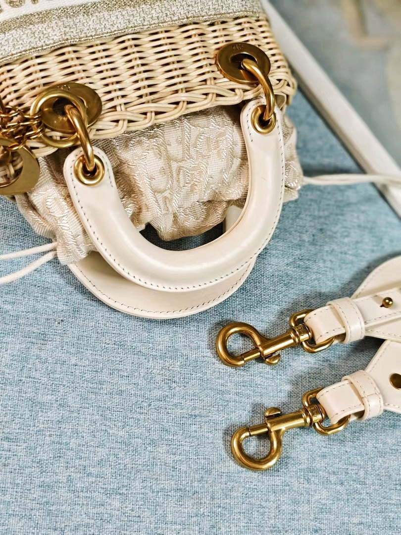 Dior M0505 MINI Lady Dior Bag Natural Wicker Grey Dior Oblique Jacquard