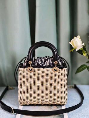 Dior M0505 MINI Lady Dior Bag Natural Wicker navy Blue - Default Title - View 1