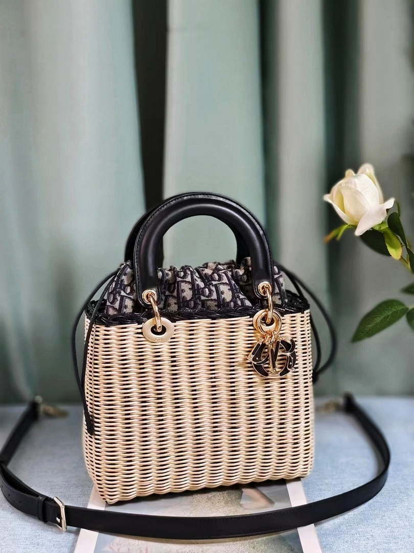 Dior M0505 MINI Lady Dior Bag Natural Wicker navy Blue