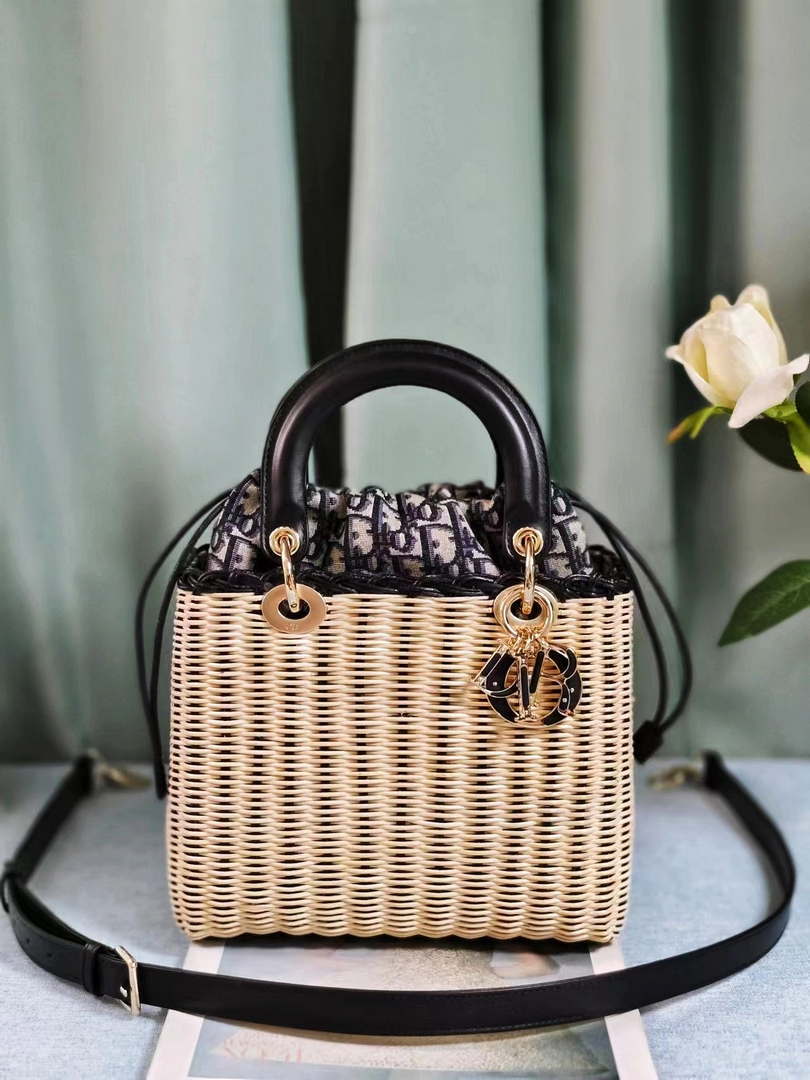 Dior M0505 MINI Lady Dior Bag Natural Wicker navy Blue - Default Title - View 3