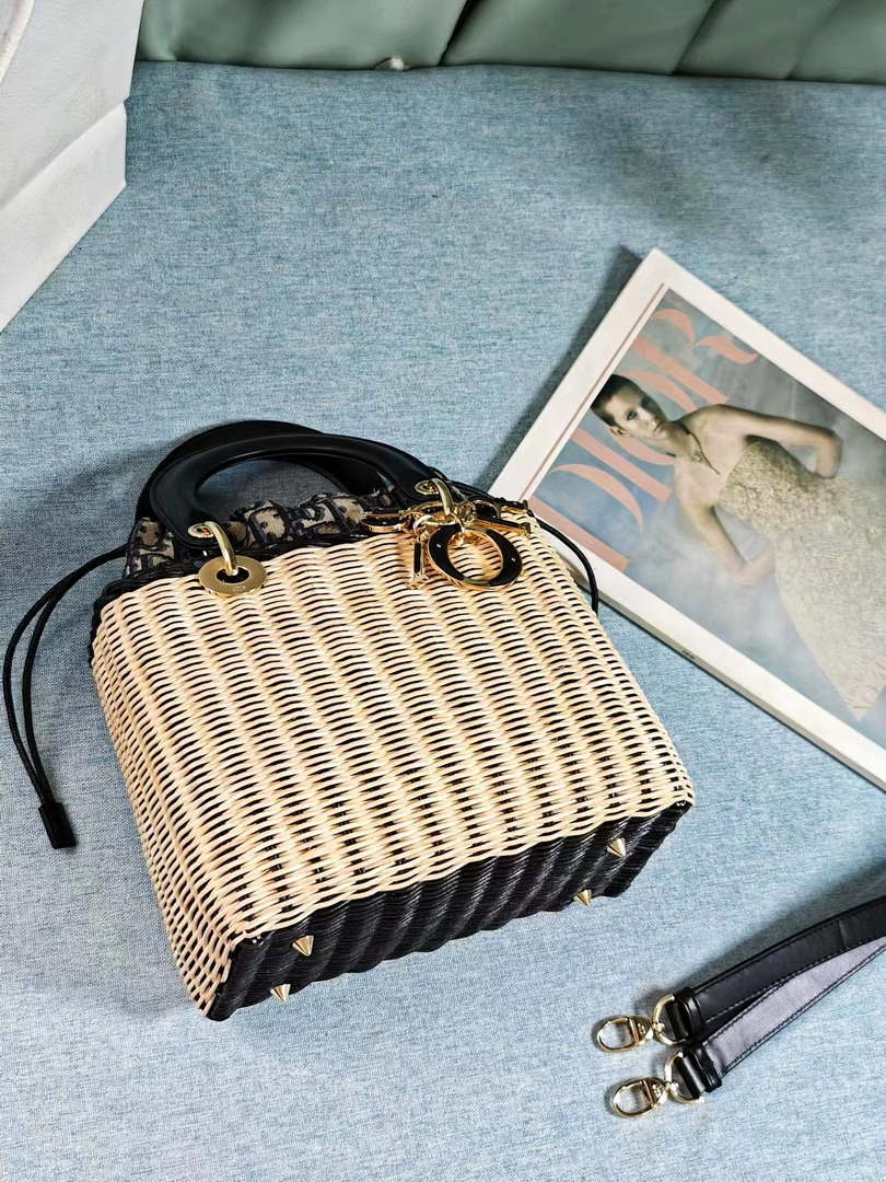 Dior M0505 MINI Lady Dior Bag Natural Wicker navy Blue - Default Title - View 6