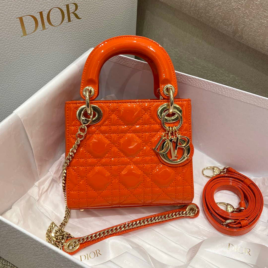 Dior M0505 Mini Lady Dior Bag Orange Red Patent Cannage Calfskin