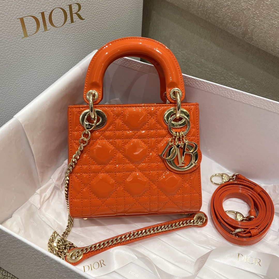 Dior M0505 Mini Lady Dior Bag Orange Red Patent Cannage Calfskin - Default Title - View 1