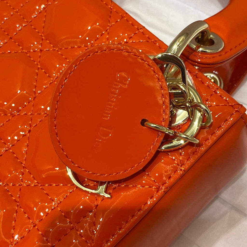 Dior M0505 Mini Lady Dior Bag Orange Red Patent Cannage Calfskin
