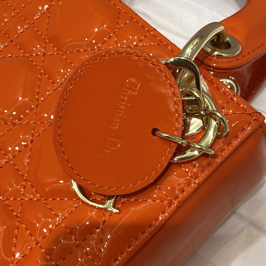 Dior M0505 Mini Lady Dior Bag Orange Red Patent Cannage Calfskin - Default Title - View 3