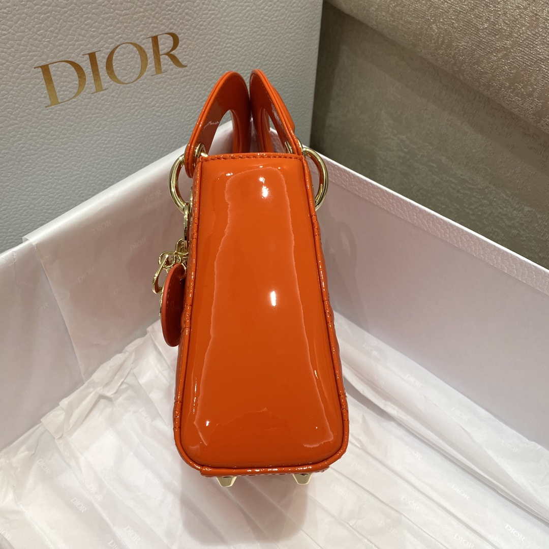 Dior M0505 Mini Lady Dior Bag Orange Red Patent Cannage Calfskin