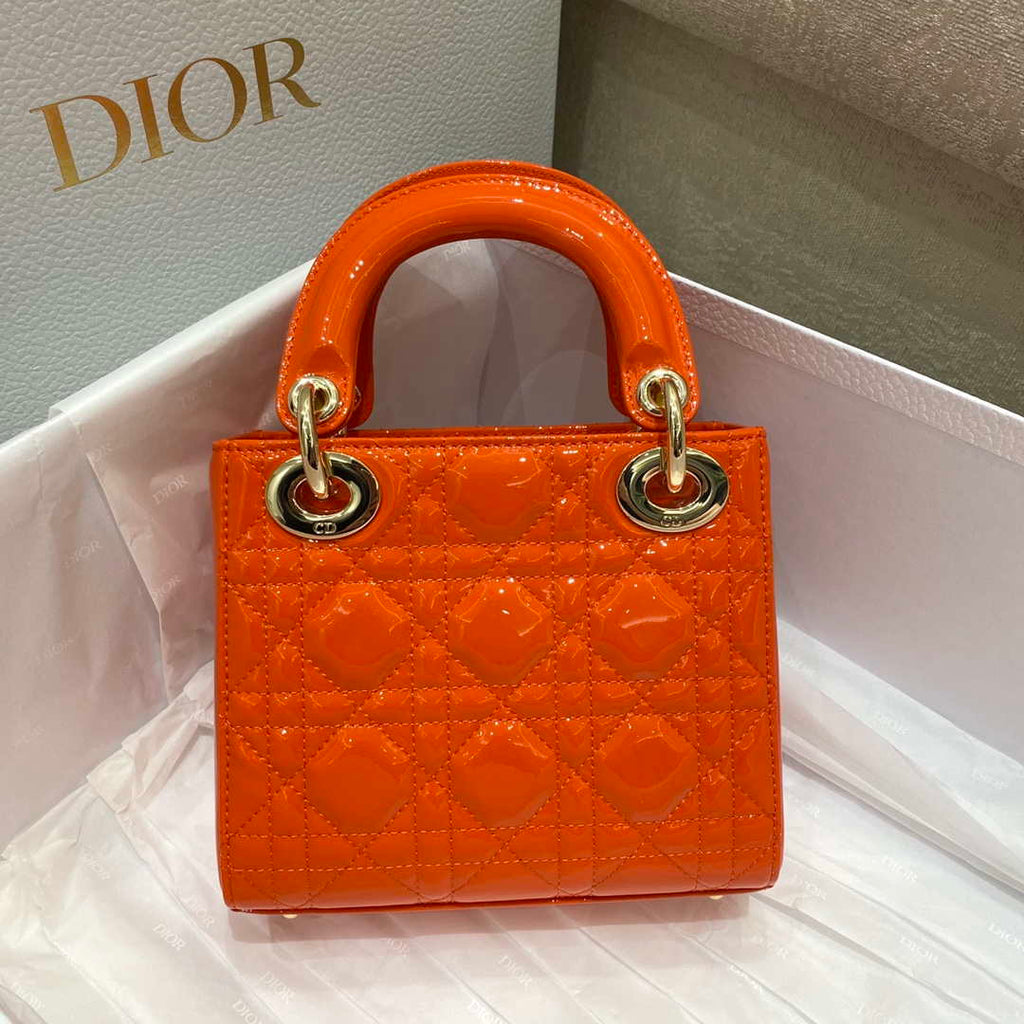 Dior M0505 Mini Lady Dior Bag Orange Red Patent Cannage Calfskin