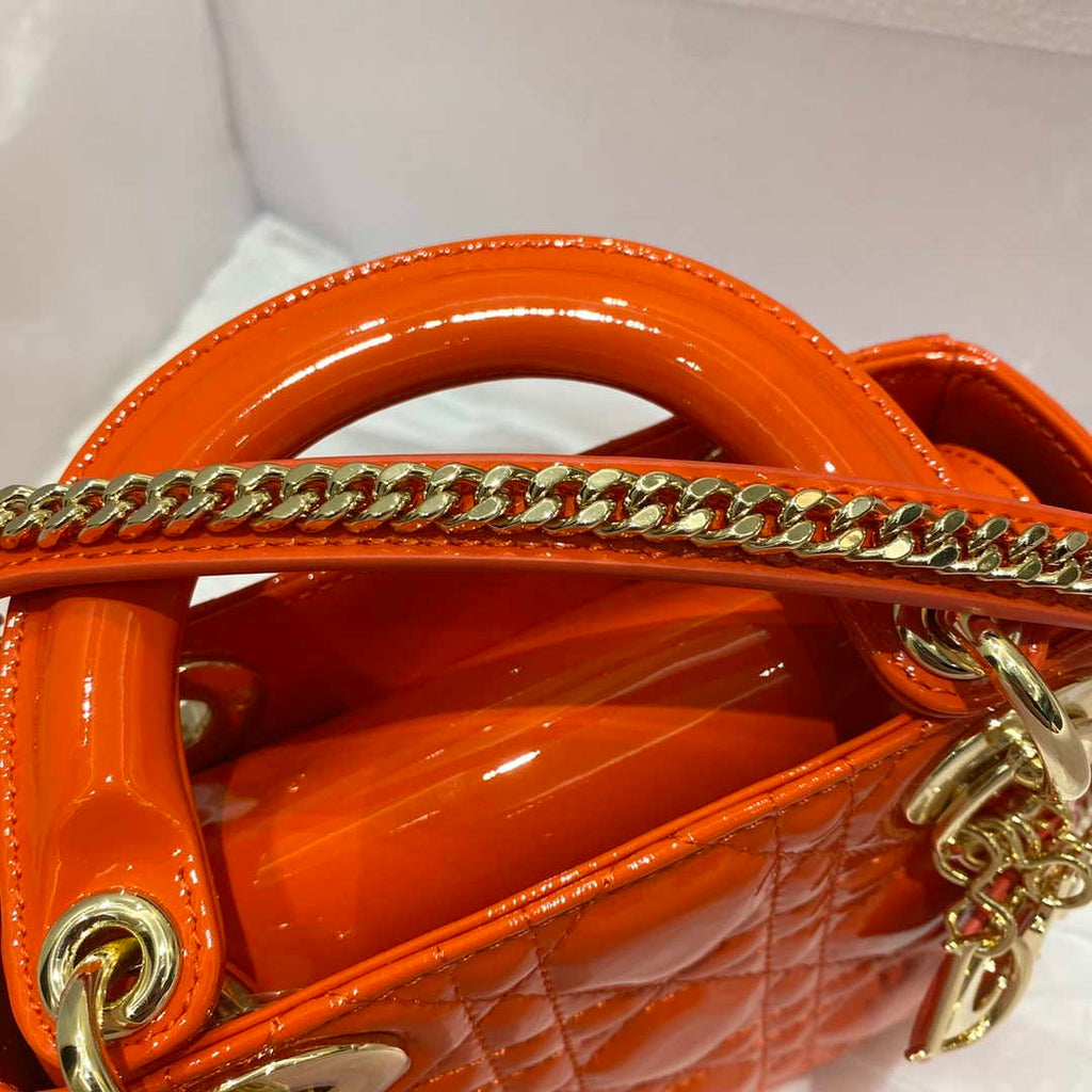 Dior M0505 Mini Lady Dior Bag Orange Red Patent Cannage Calfskin