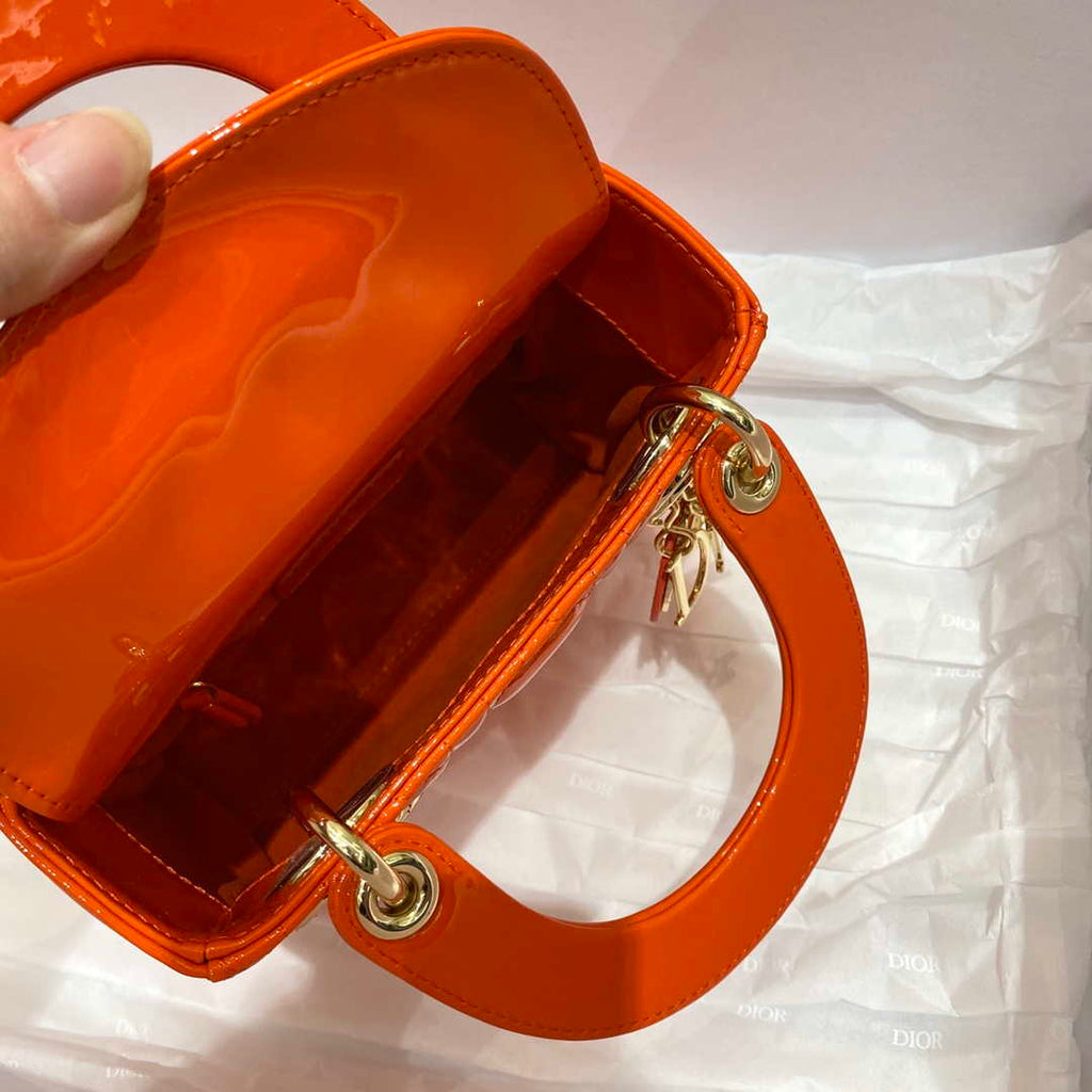 Dior M0505 Mini Lady Dior Bag Orange Red Patent Cannage Calfskin