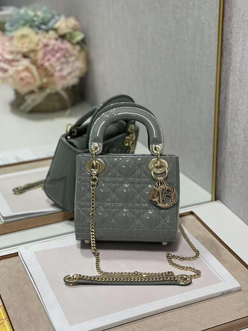 Dior M0505 Mini Lady Dior Bag Gray Patent Cannage Calfskin - Default Title - View 1