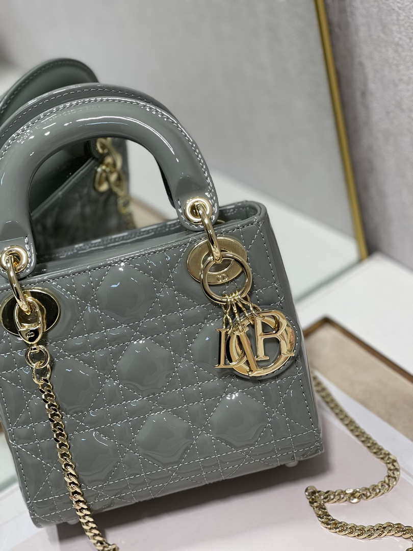 Dior M0505 Mini Lady Dior Bag Gray Patent Cannage Calfskin