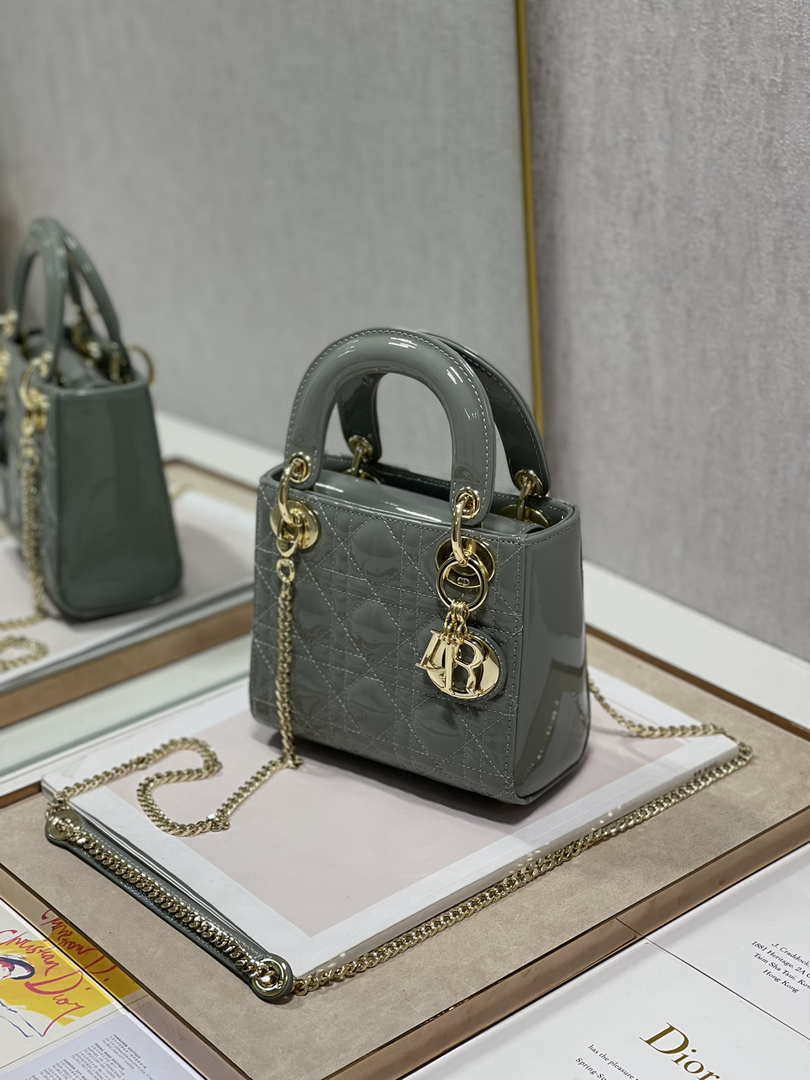 Dior M0505 Mini Lady Dior Bag Gray Patent Cannage Calfskin