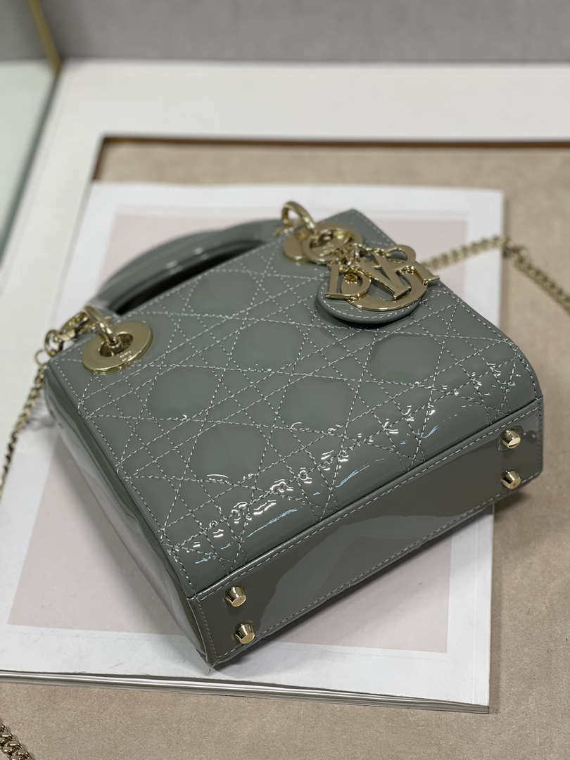 Dior M0505 Mini Lady Dior Bag Gray Patent Cannage Calfskin