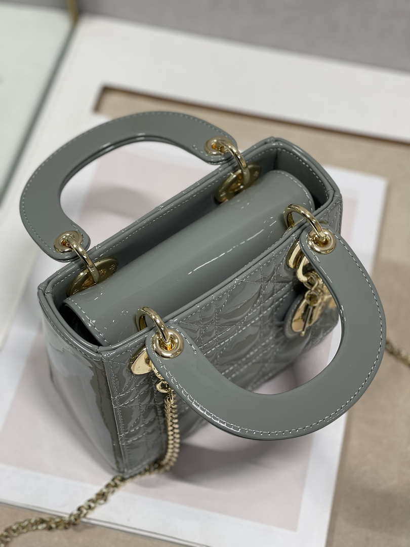 Dior M0505 Mini Lady Dior Bag Gray Patent Cannage Calfskin