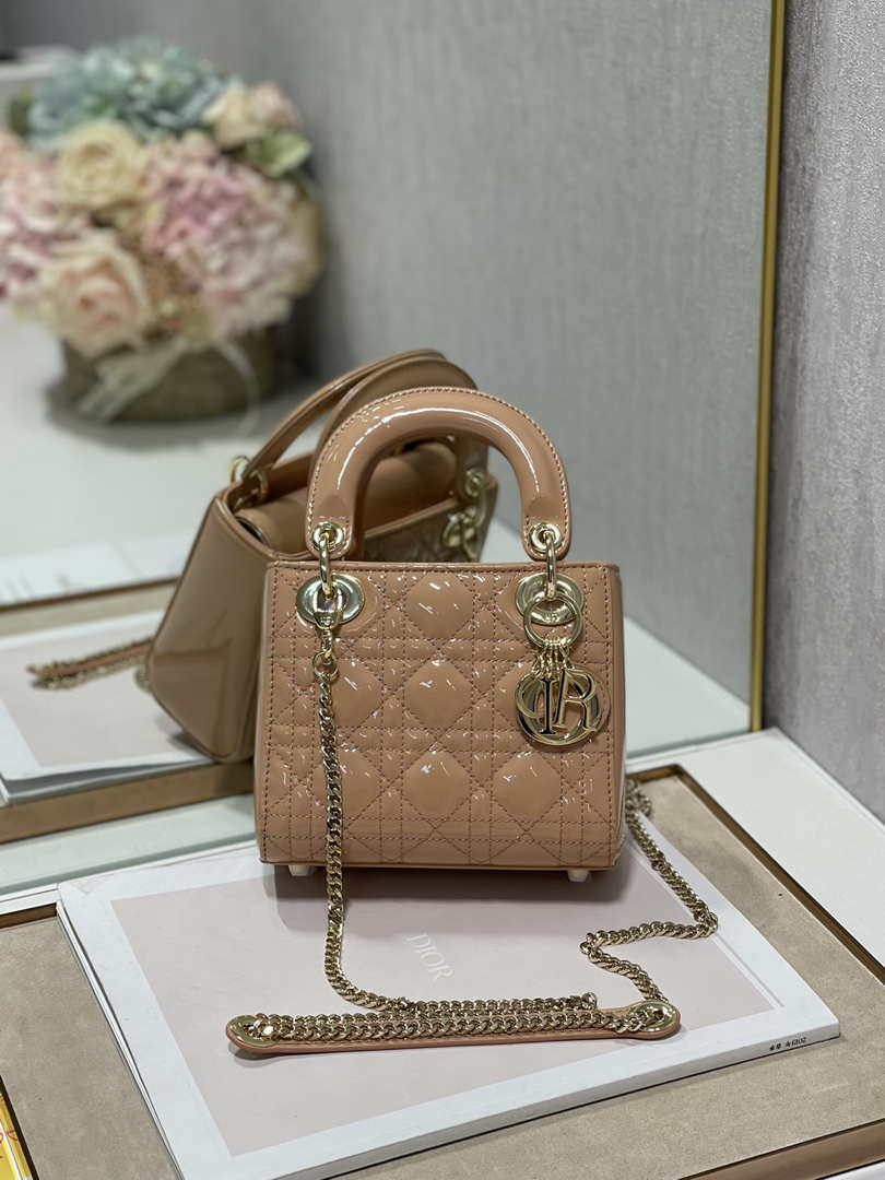 Dior M0505 Mini Lady Dior Bag Apricot Patent Cannage Calfskin - Default Title - View 1