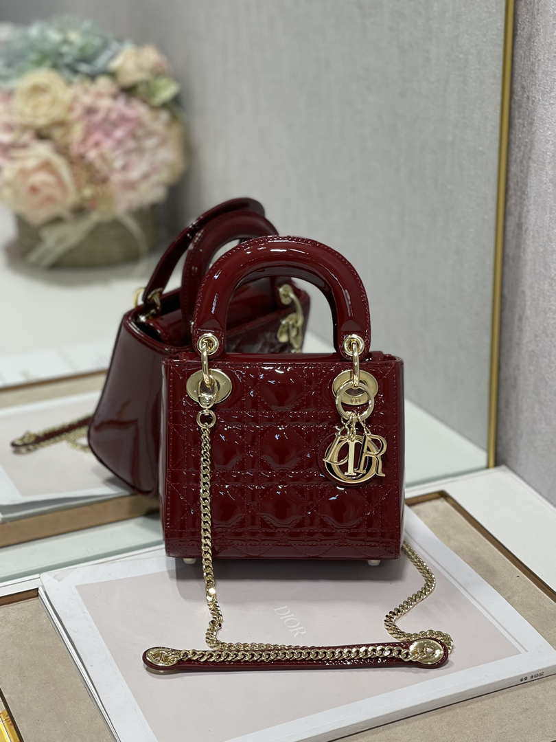 Dior Mini Lady Dior Bag M0505 Maroon Patent Cannage Calfskin - Default Title - View 1